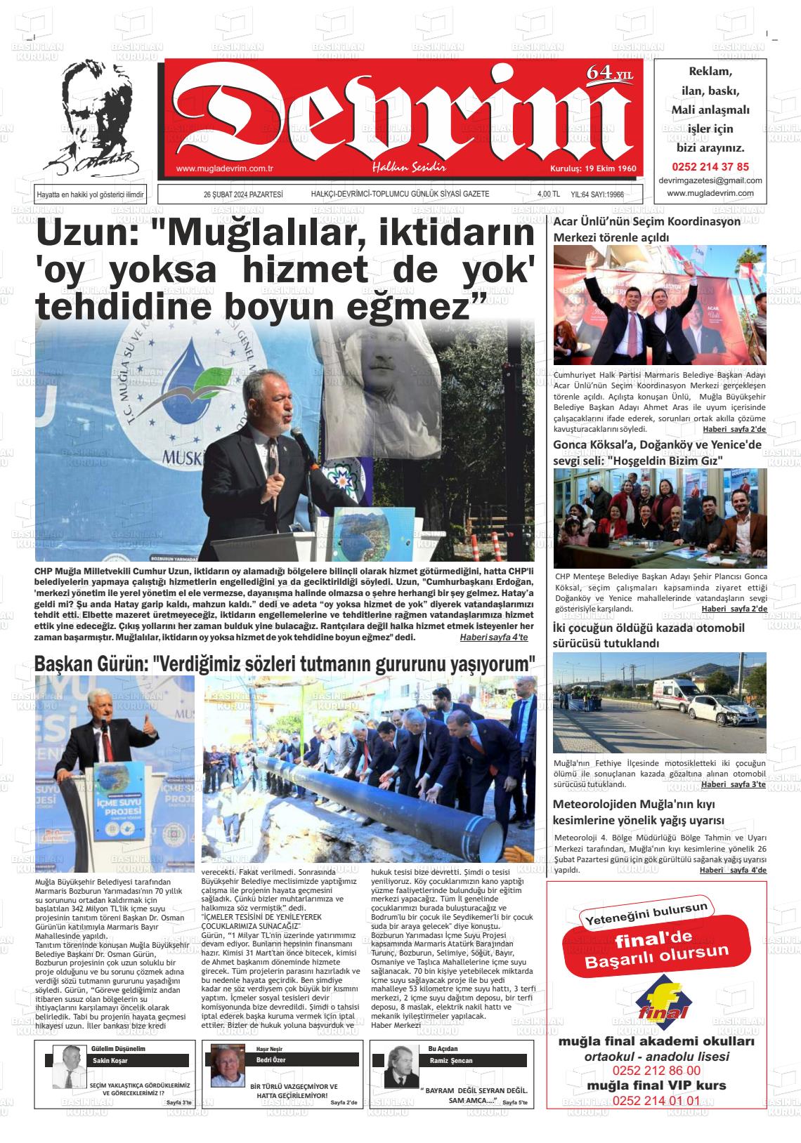 26 Şubat 2024 Muğla Devrim Gazete Manşeti