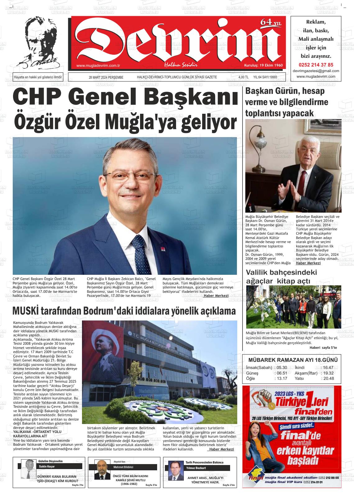 28 Mart 2024 Muğla Devrim Gazete Manşeti