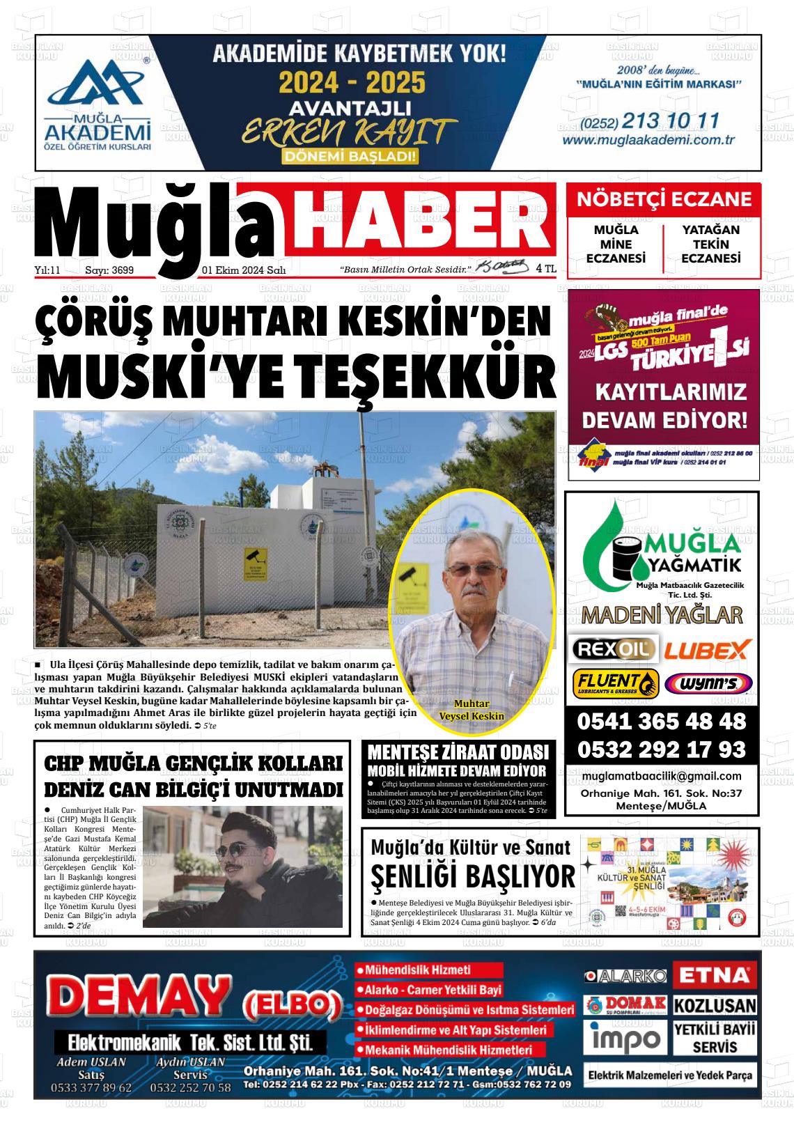 01 Ekim 2024 Muğla Haber Gazete Manşeti