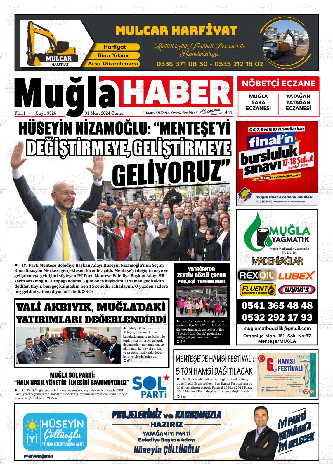 01 Mart 2024 Muğla Haber Gazete Manşeti