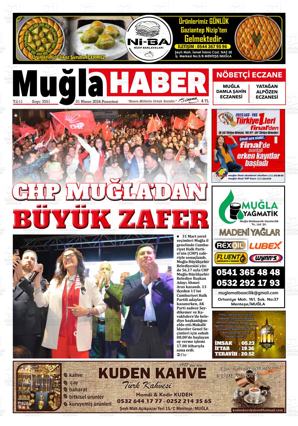 01 Nisan 2024 Muğla Haber Gazete Manşeti