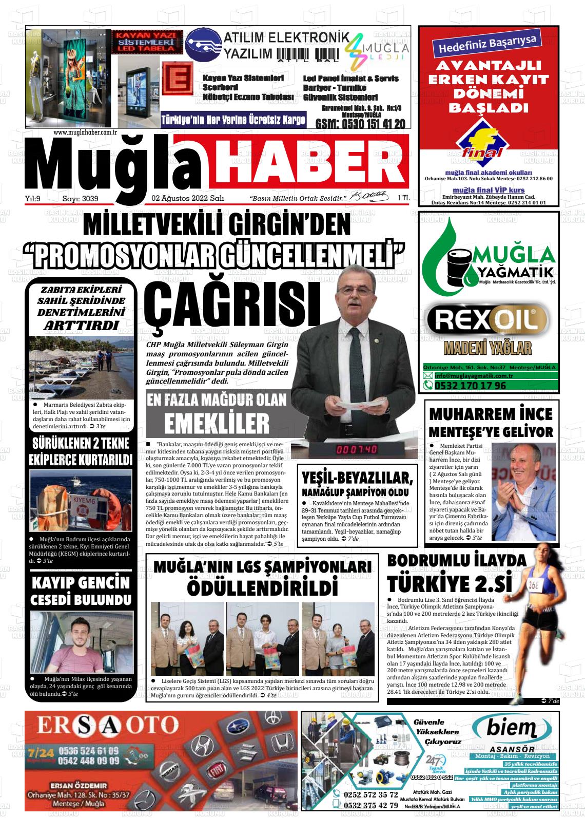 02 Ağustos 2022 Muğla Haber Gazete Manşeti