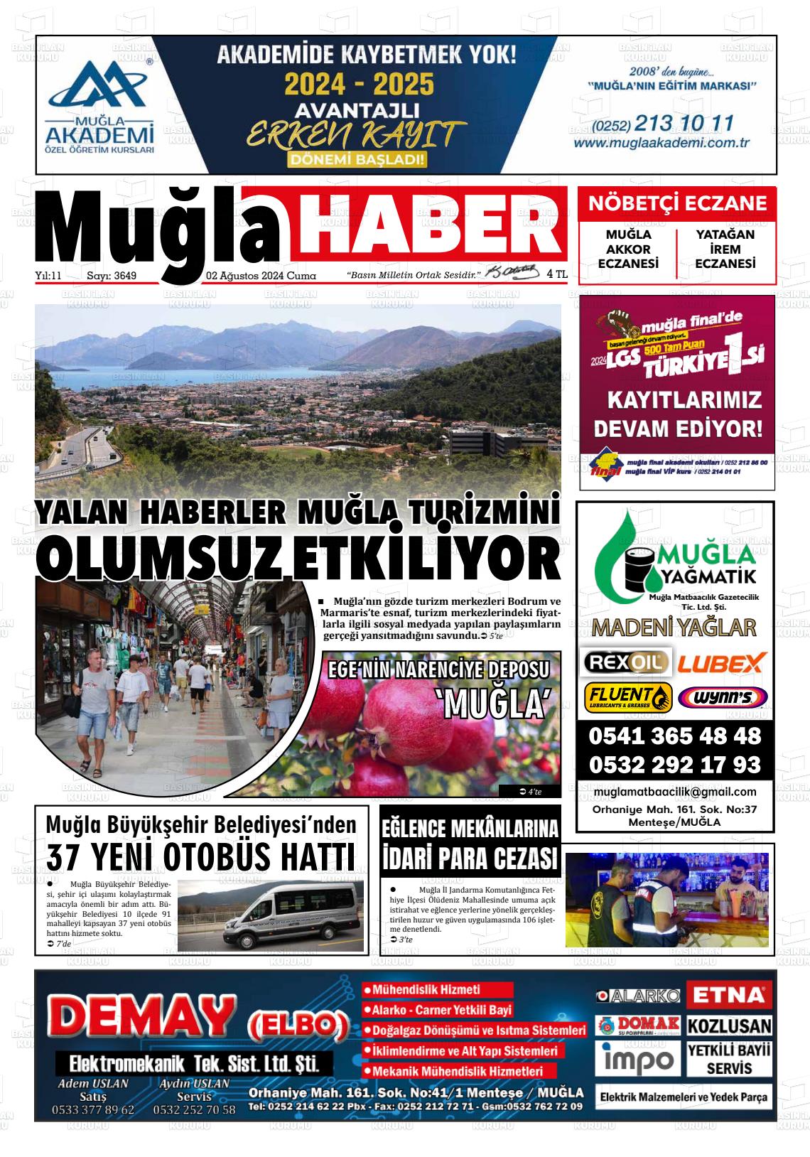 02 Ağustos 2024 Muğla Haber Gazete Manşeti