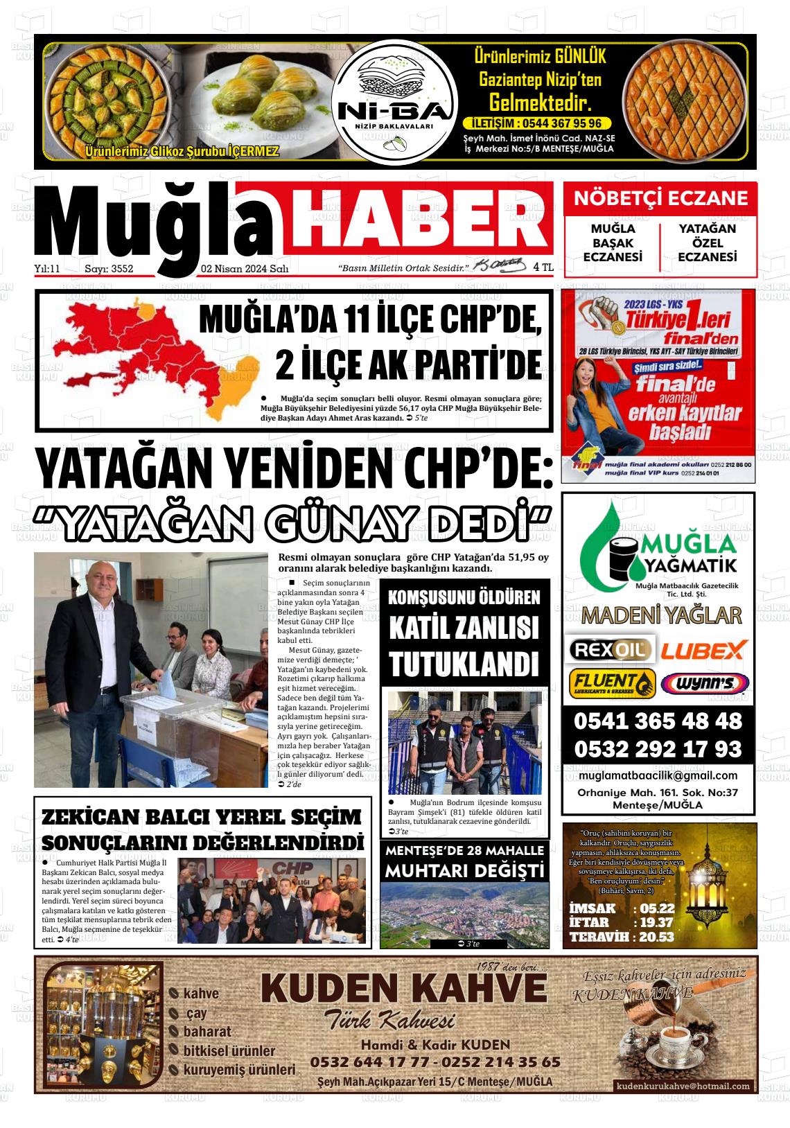 02 Nisan 2024 Muğla Haber Gazete Manşeti