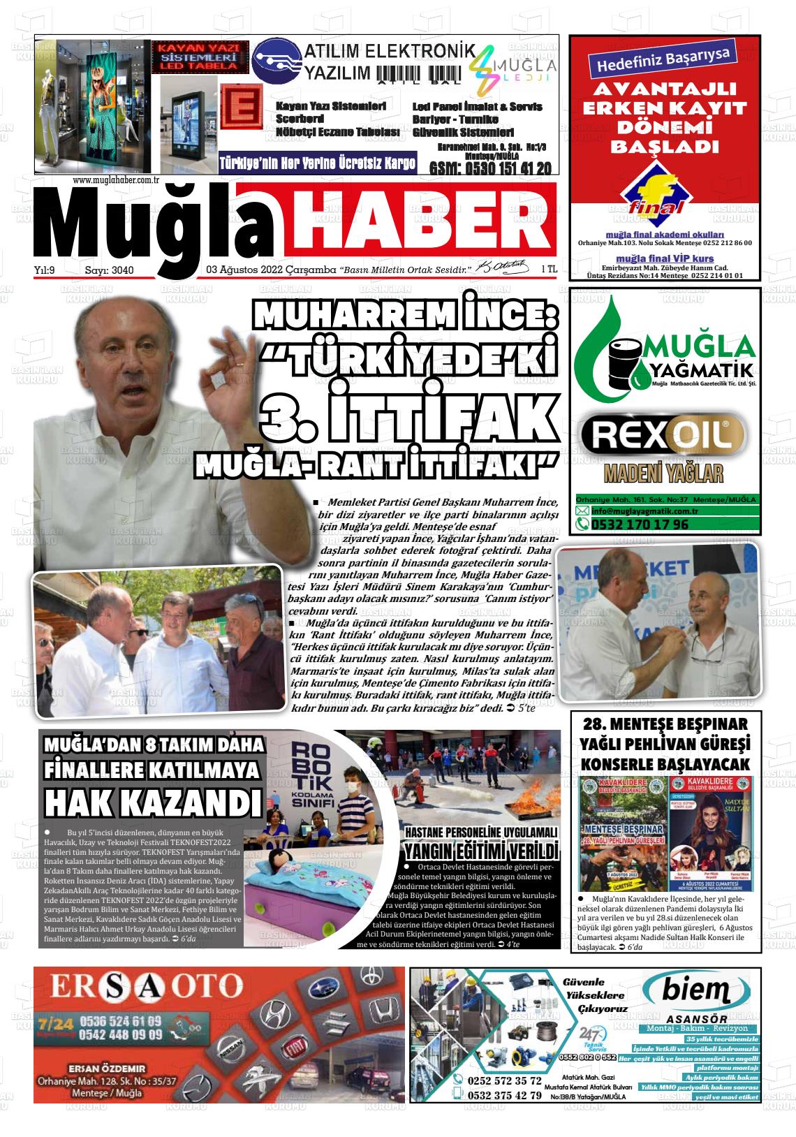 03 Ağustos 2022 Muğla Haber Gazete Manşeti