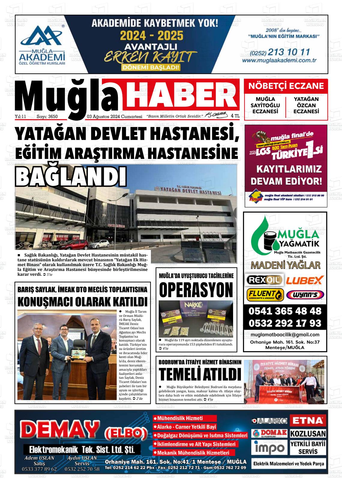 03 Ağustos 2024 Muğla Haber Gazete Manşeti