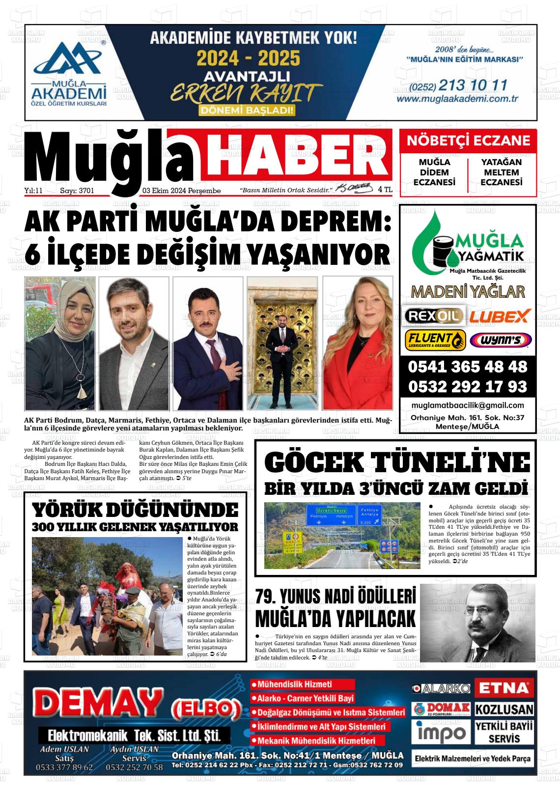 03 Ekim 2024 Muğla Haber Gazete Manşeti