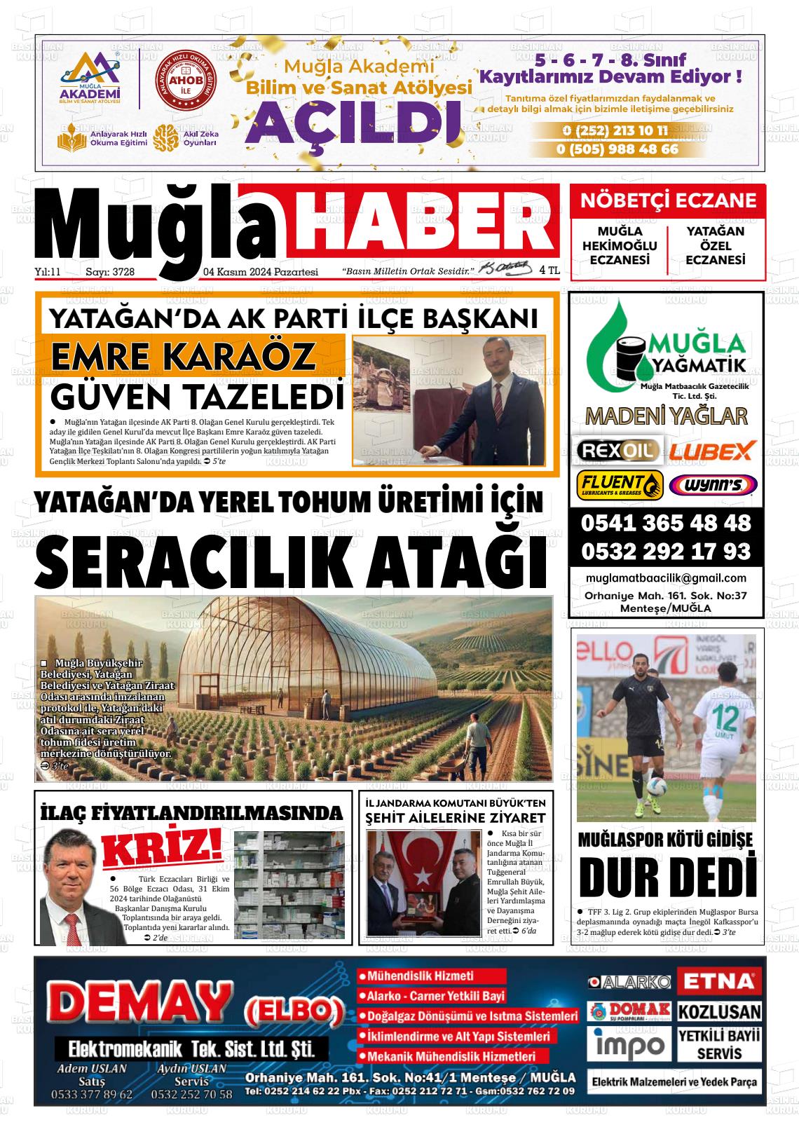 04 Kasım 2024 Muğla Haber Gazete Manşeti