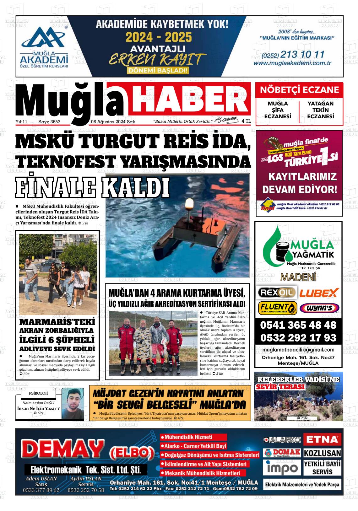 06 Ağustos 2024 Muğla Haber Gazete Manşeti