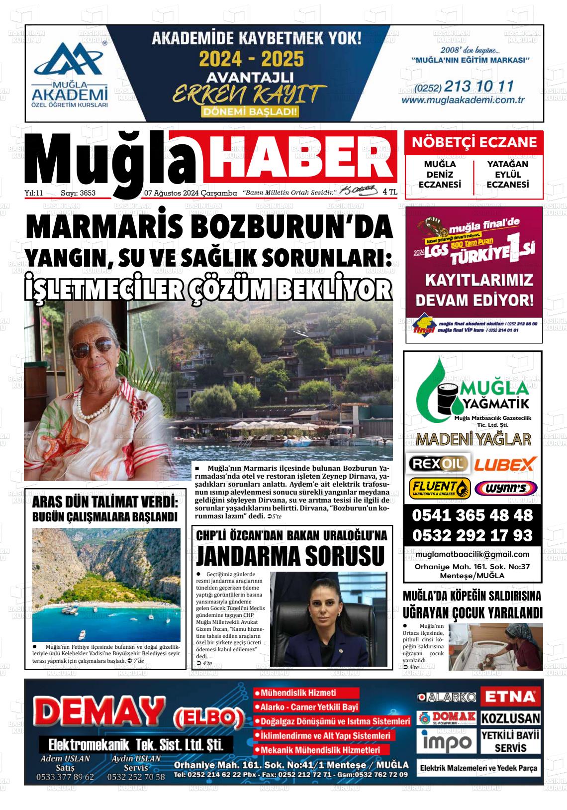 07 Ağustos 2024 Muğla Haber Gazete Manşeti