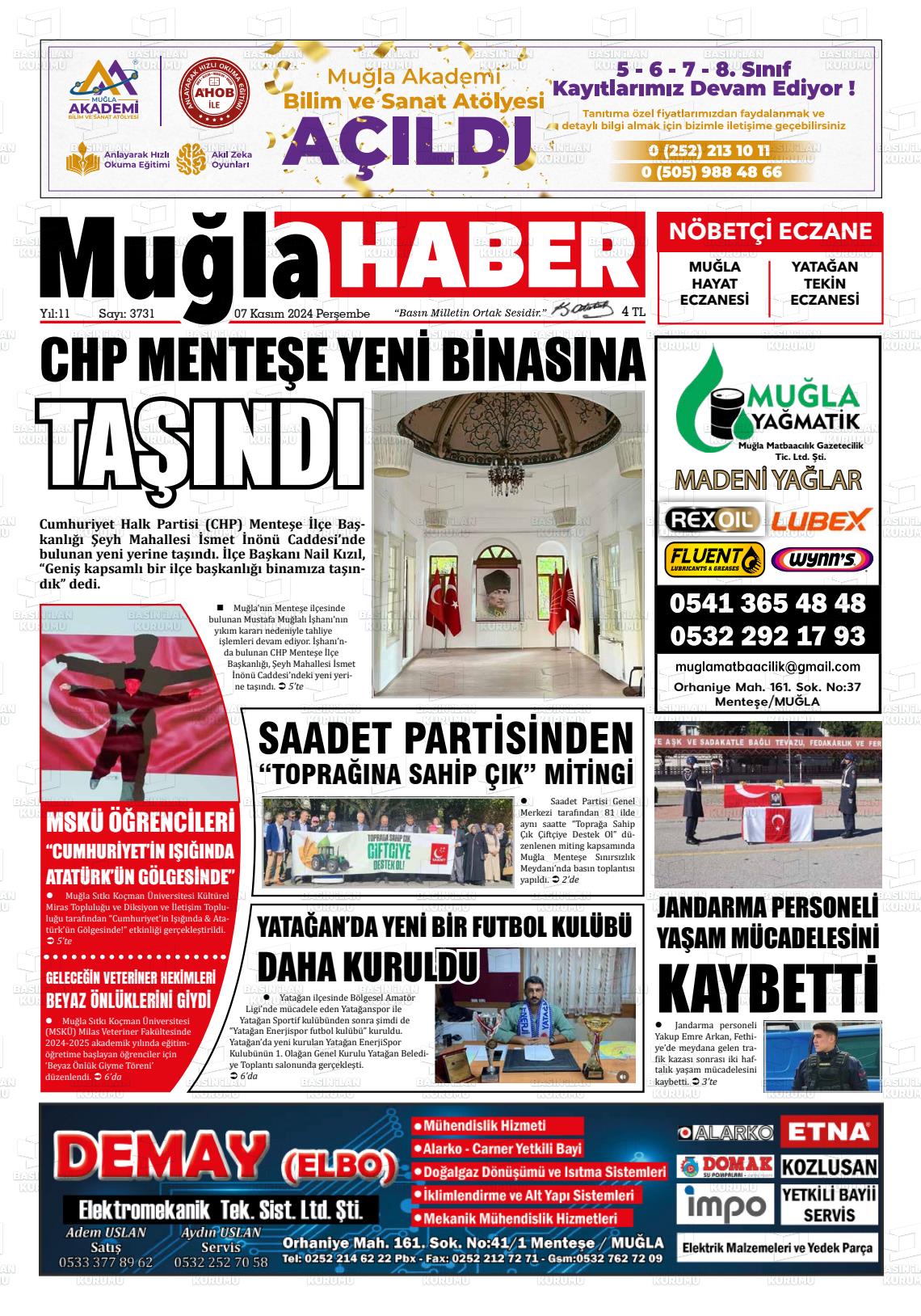 07 Kasım 2024 Muğla Haber Gazete Manşeti