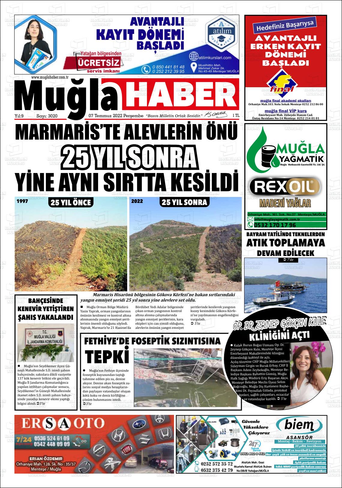 07 Temmuz 2022 Muğla Haber Gazete Manşeti