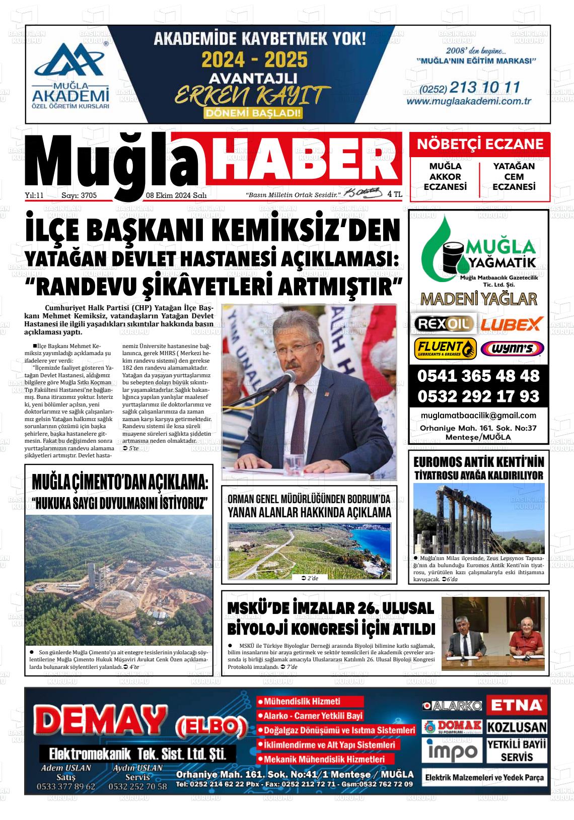 08 Ekim 2024 Muğla Haber Gazete Manşeti