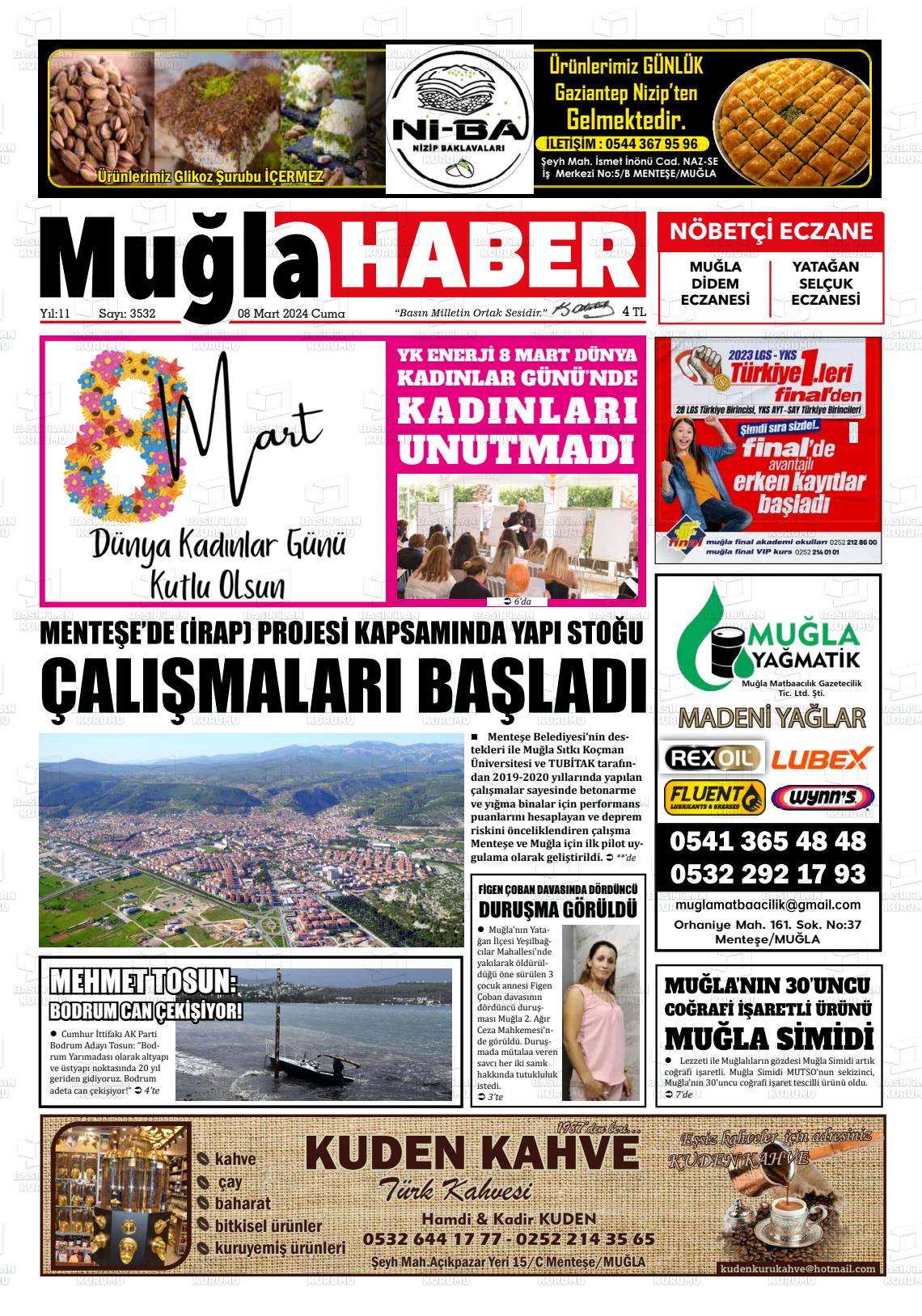 08 Mart 2024 Muğla Haber Gazete Manşeti