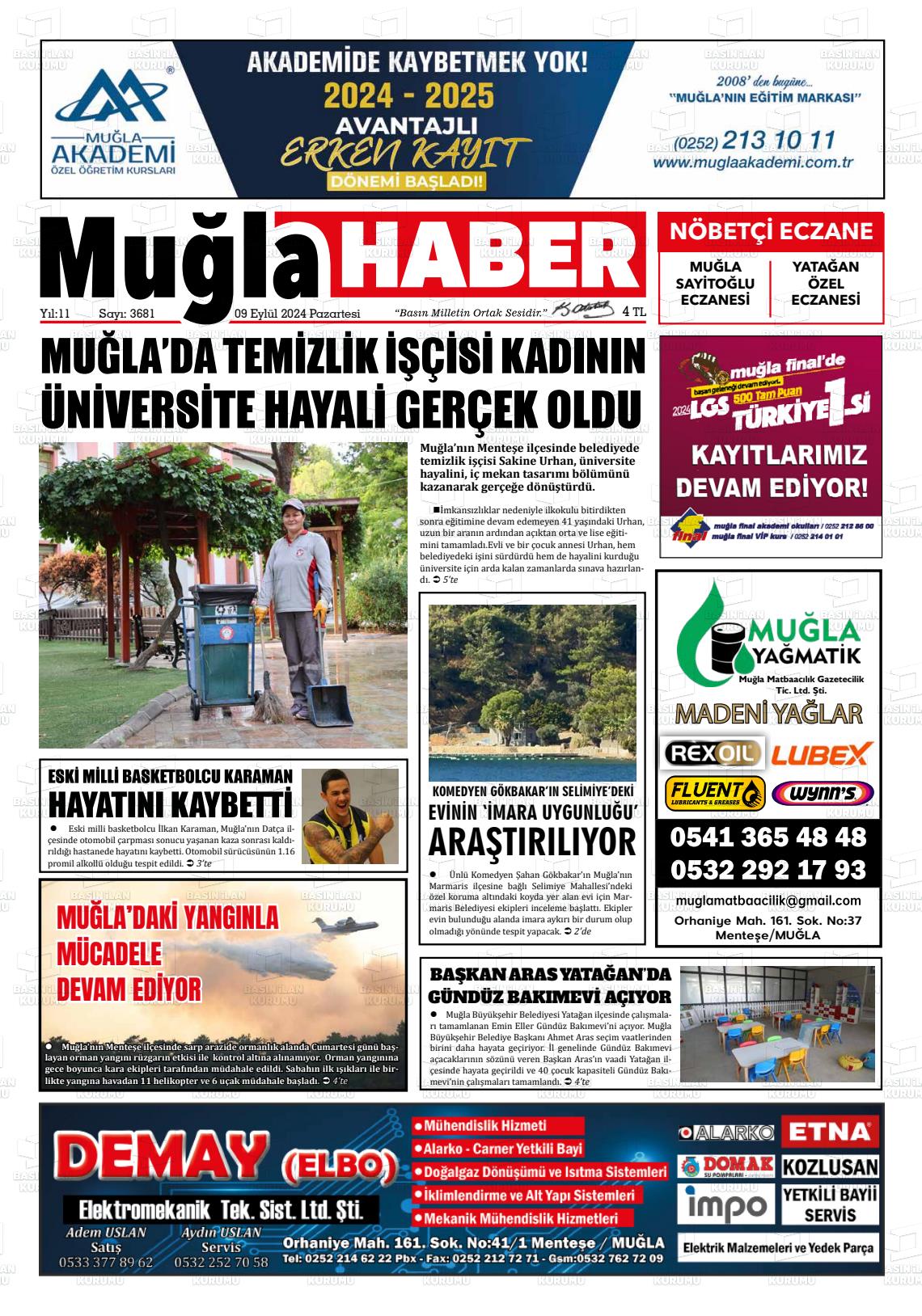 09 Eylül 2024 Muğla Haber Gazete Manşeti