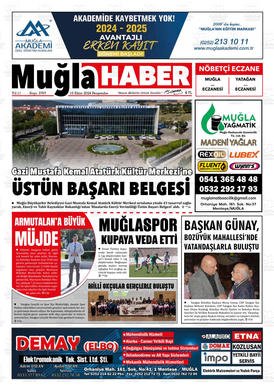 10 Ekim 2024 Muğla Haber Gazete Manşeti