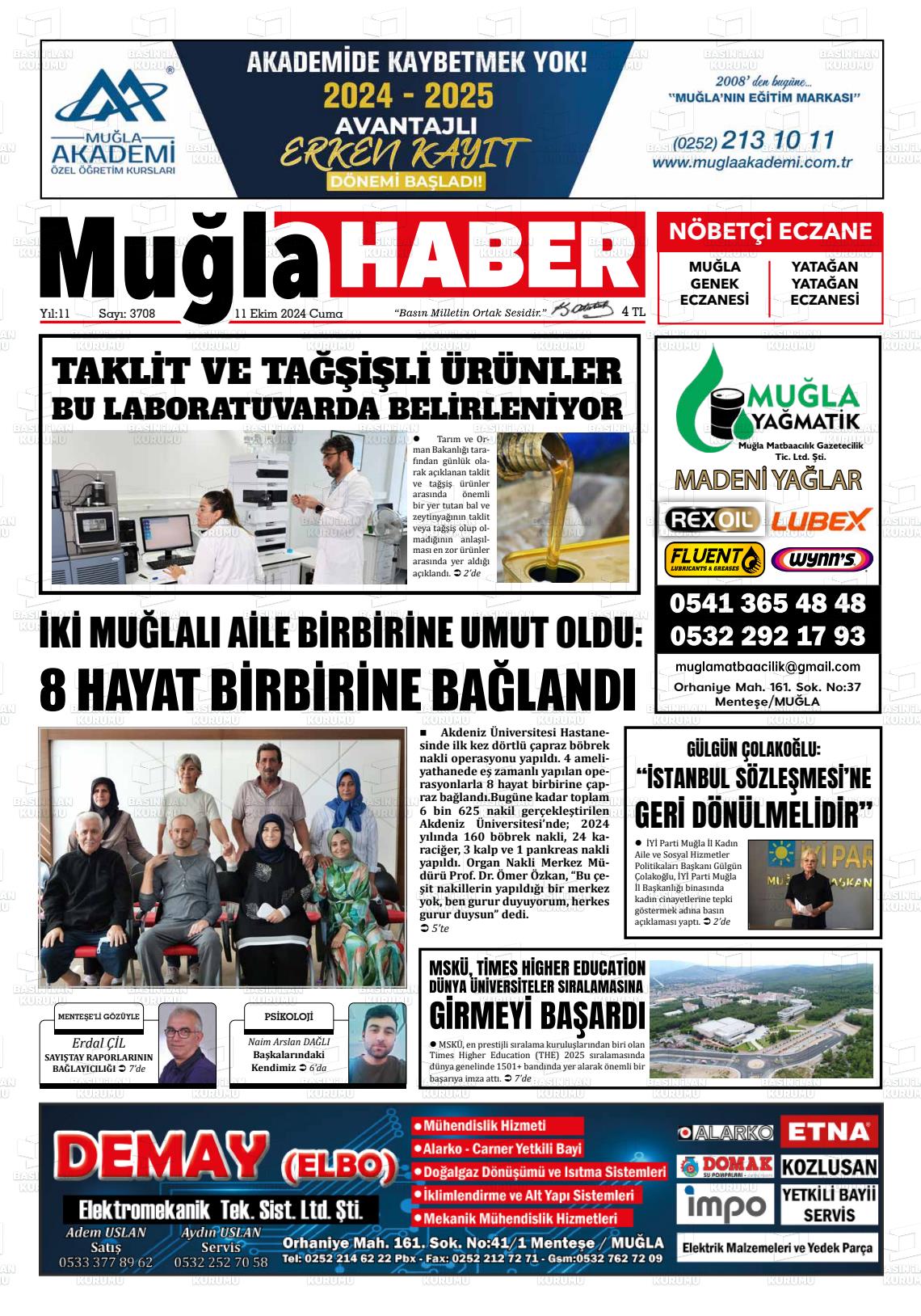 11 Ekim 2024 Muğla Haber Gazete Manşeti