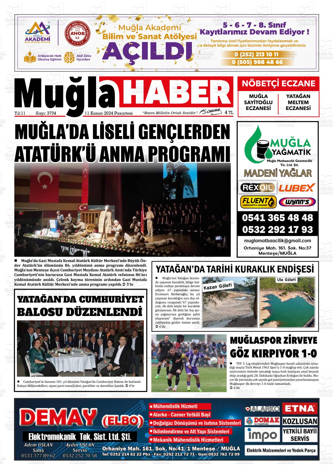 11 Kasım 2024 Muğla Haber Gazete Manşeti