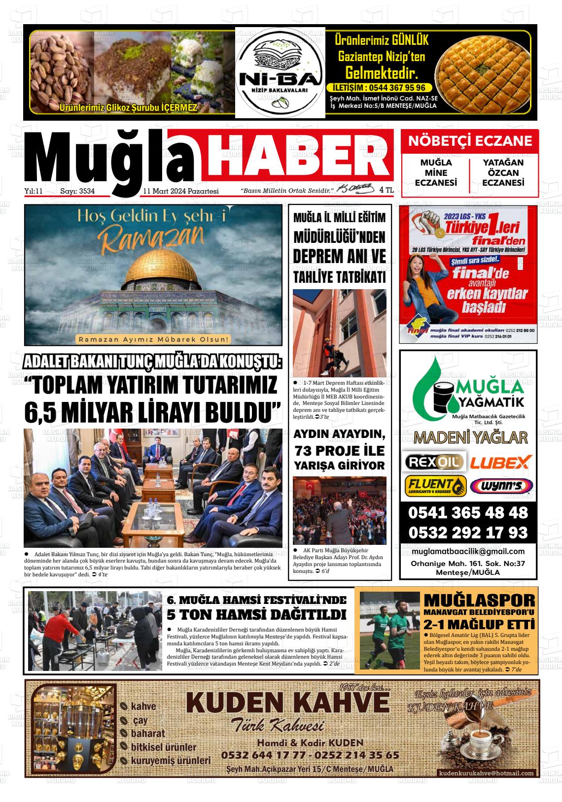 11 Mart 2024 Muğla Haber Gazete Manşeti