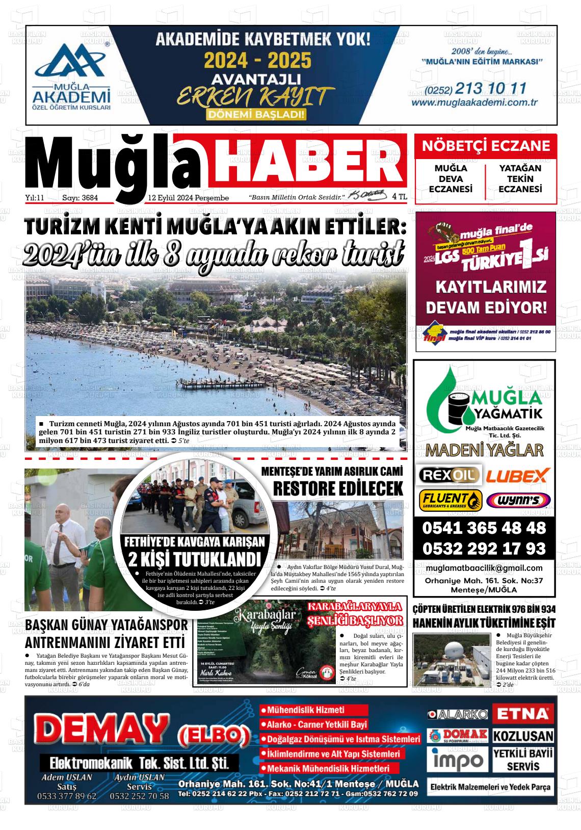 12 Eylül 2024 Muğla Haber Gazete Manşeti