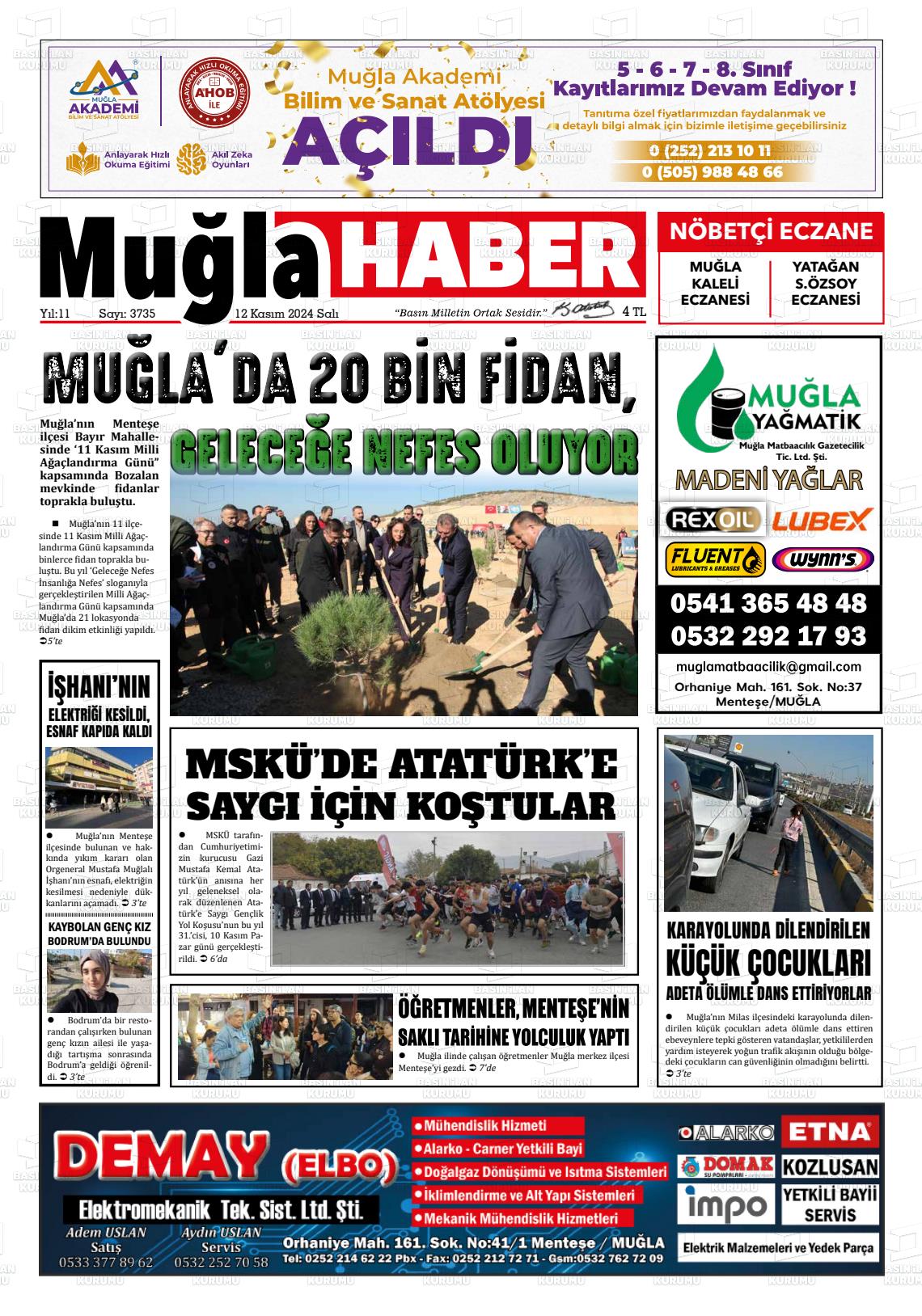 12 Kasım 2024 Muğla Haber Gazete Manşeti