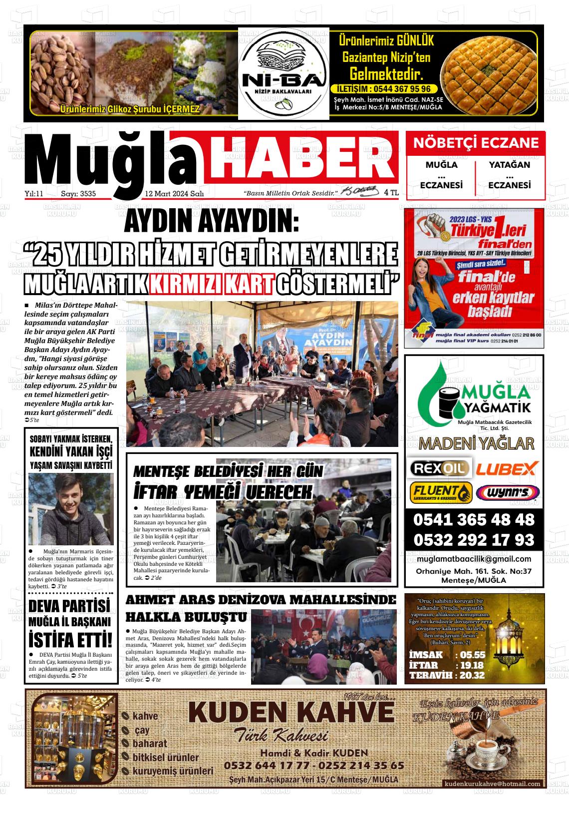 12 Mart 2024 Muğla Haber Gazete Manşeti