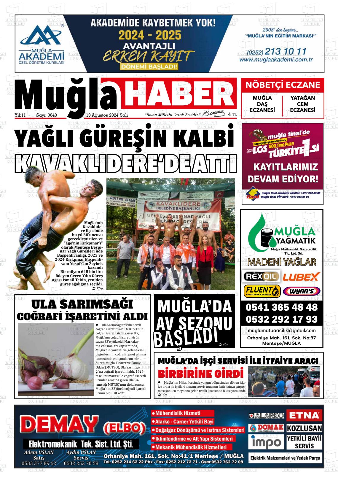 13 Ağustos 2024 Muğla Haber Gazete Manşeti