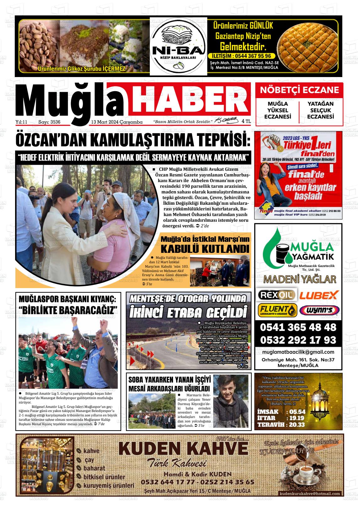 13 Mart 2024 Muğla Haber Gazete Manşeti