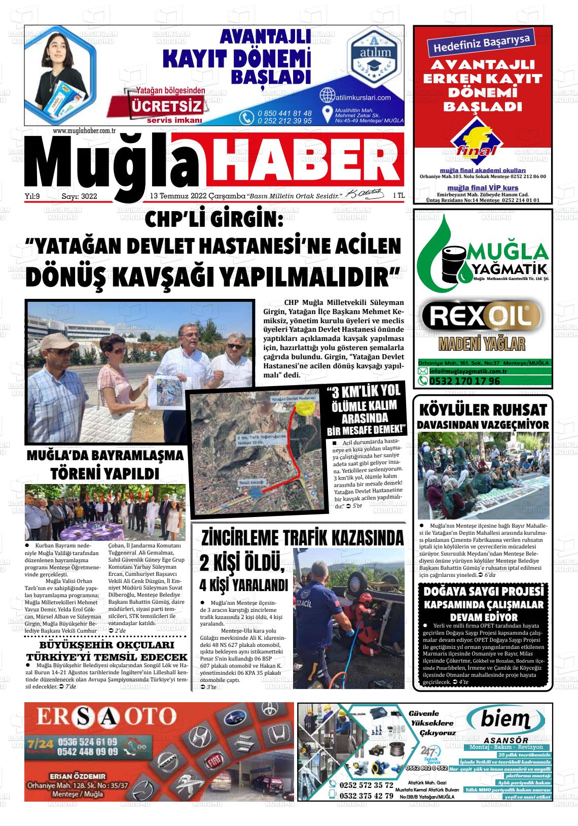 13 Temmuz 2022 Muğla Haber Gazete Manşeti