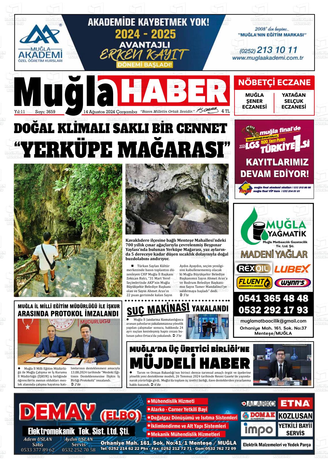 14 Ağustos 2024 Muğla Haber Gazete Manşeti