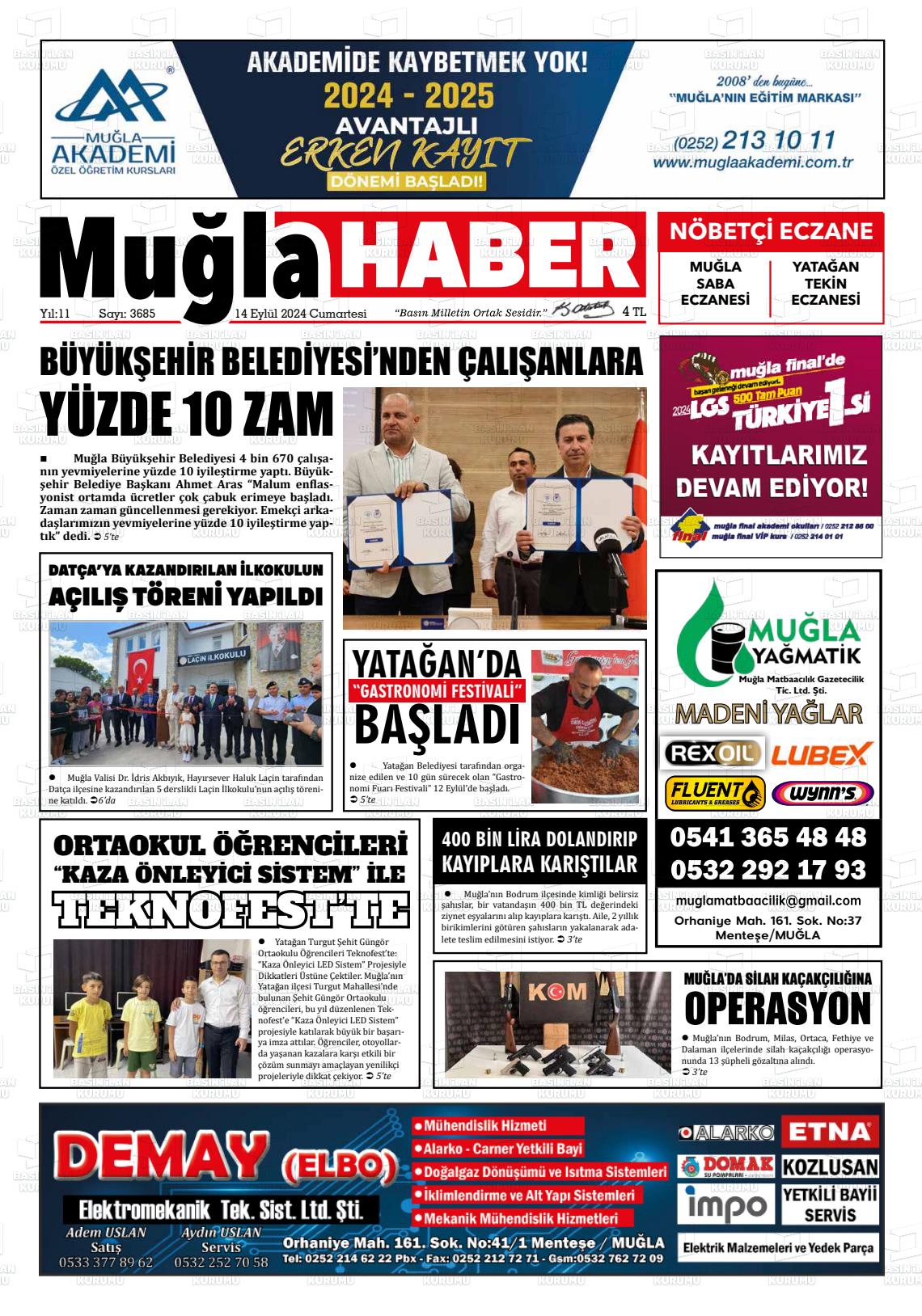 14 Eylül 2024 Muğla Haber Gazete Manşeti