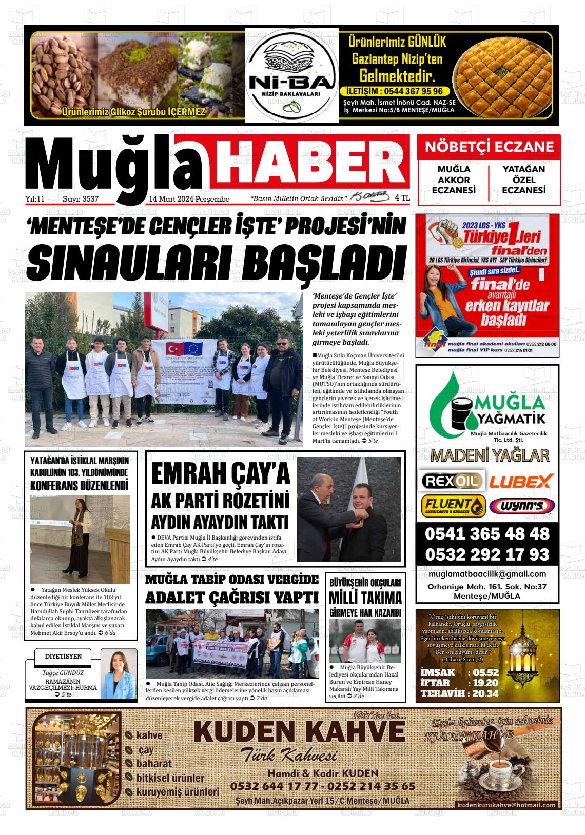 14 Mart 2024 Muğla Haber Gazete Manşeti