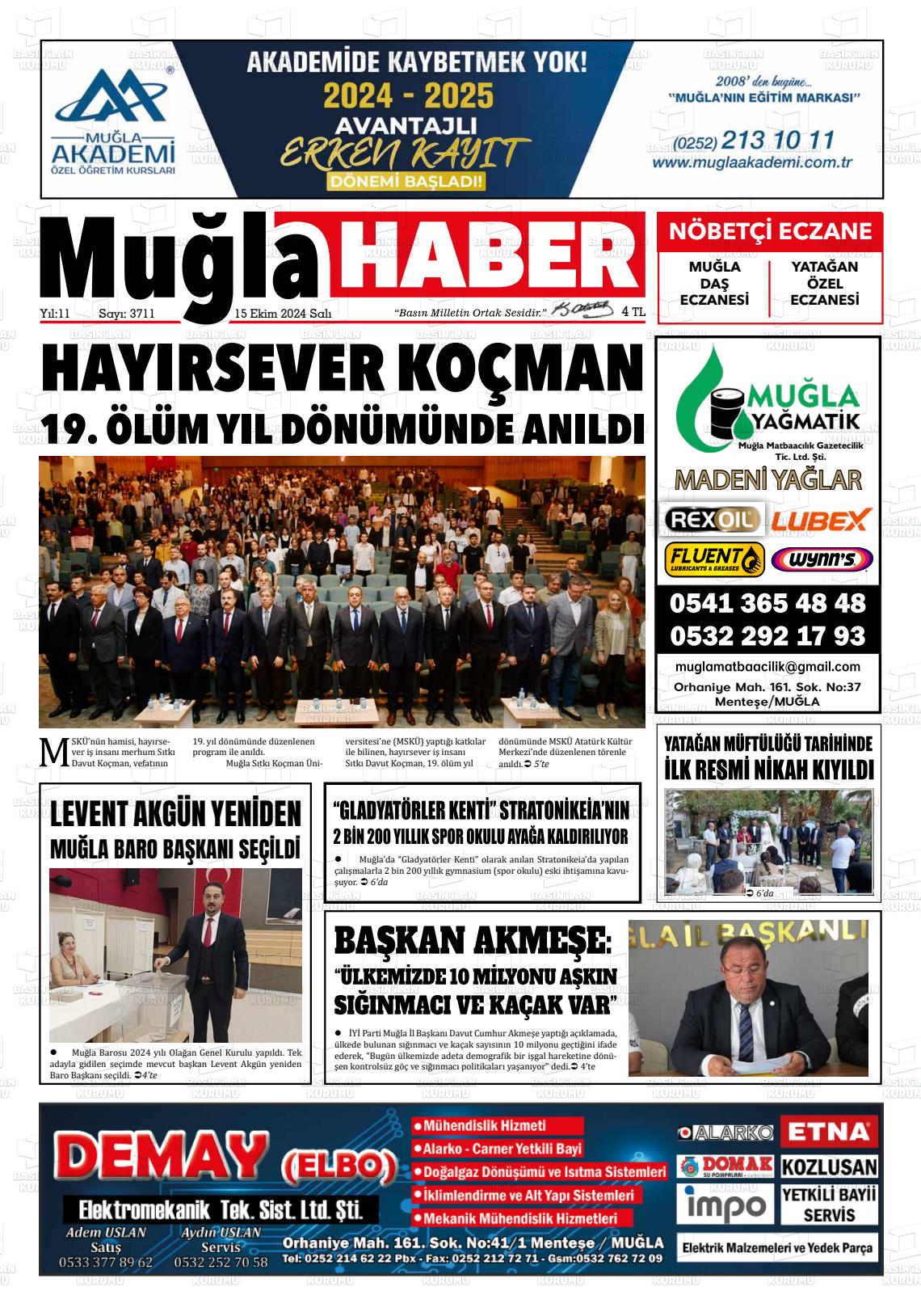 15 Ekim 2024 Muğla Haber Gazete Manşeti