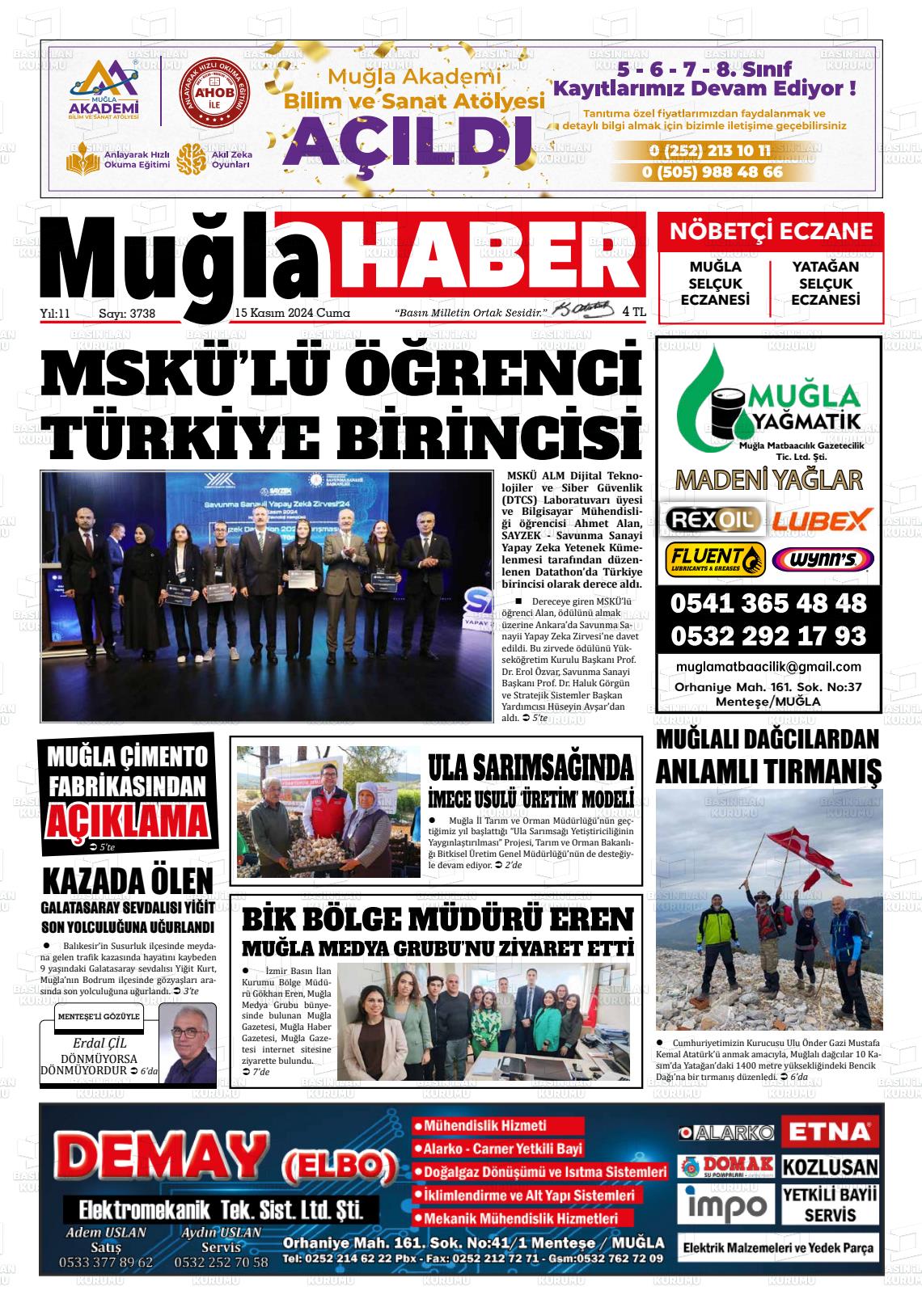 15 Kasım 2024 Muğla Haber Gazete Manşeti