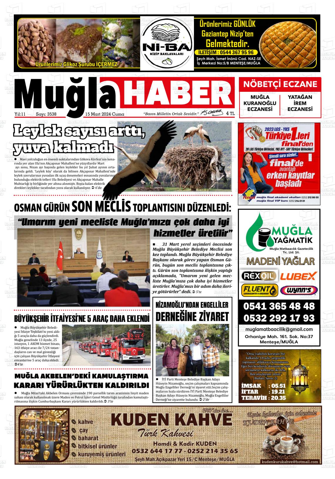 15 Mart 2024 Muğla Haber Gazete Manşeti