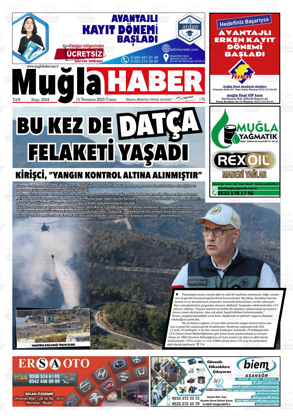 15 Temmuz 2022 Muğla Haber Gazete Manşeti