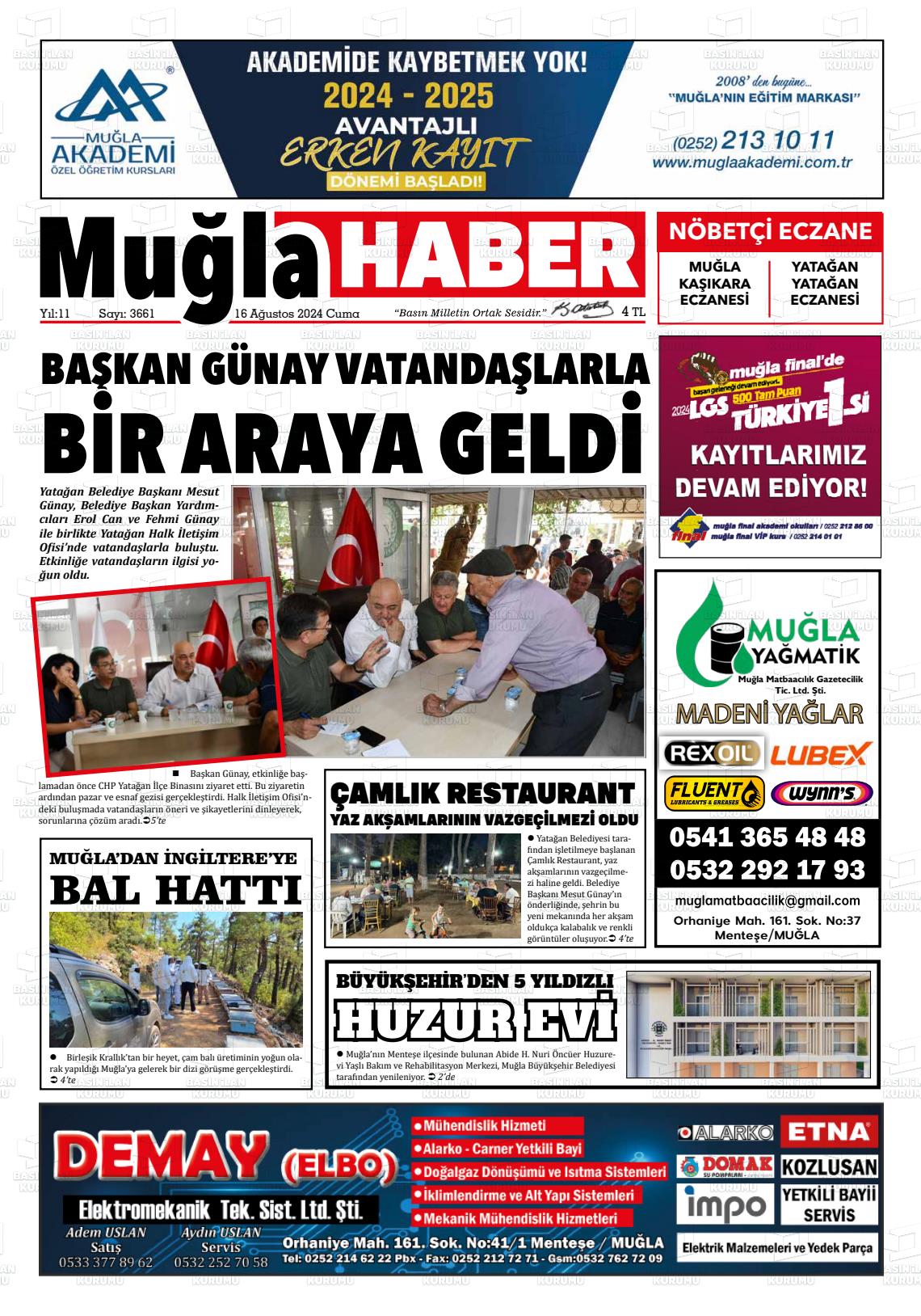 16 Ağustos 2024 Muğla Haber Gazete Manşeti