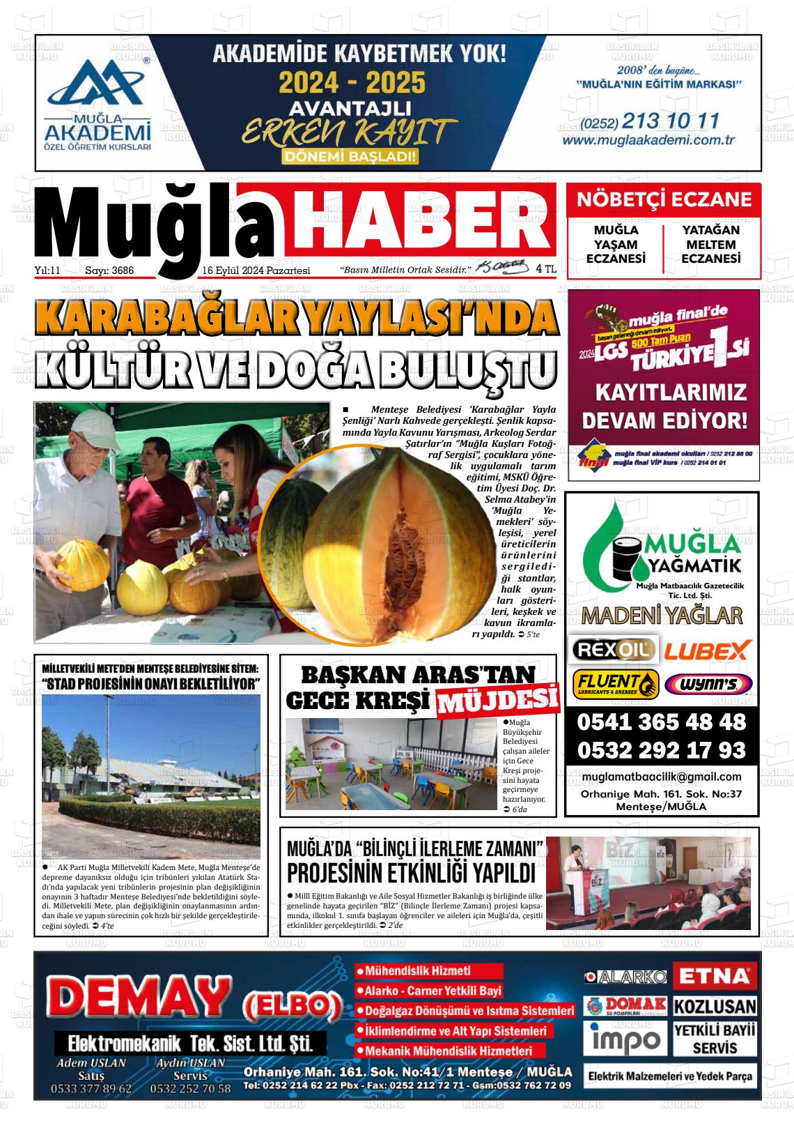 16 Eylül 2024 Muğla Haber Gazete Manşeti