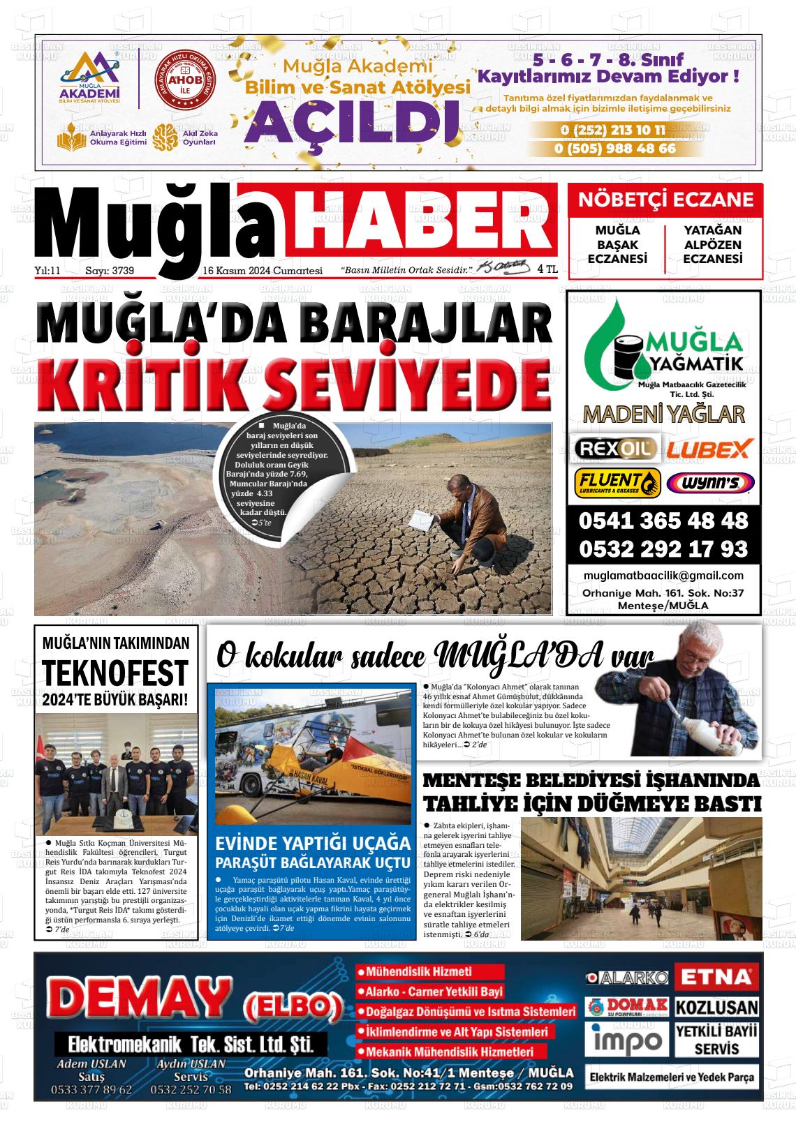 16 Kasım 2024 Muğla Haber Gazete Manşeti