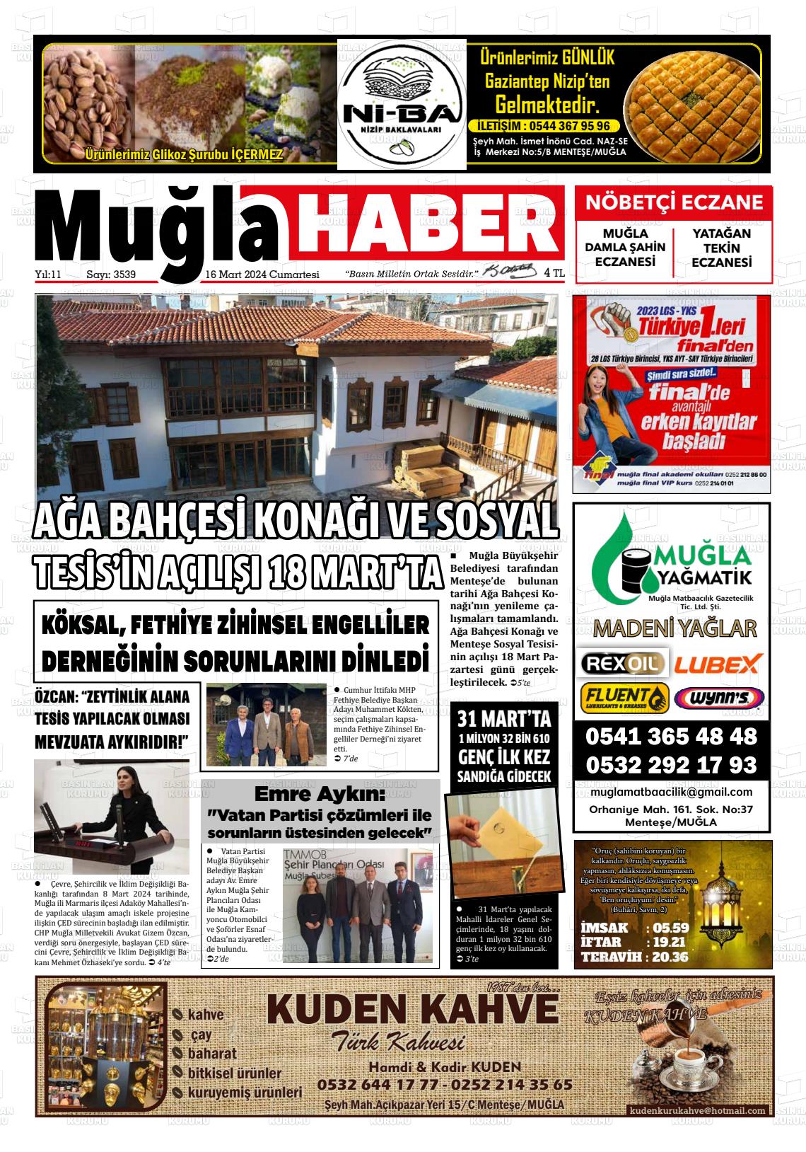 16 Mart 2024 Muğla Haber Gazete Manşeti