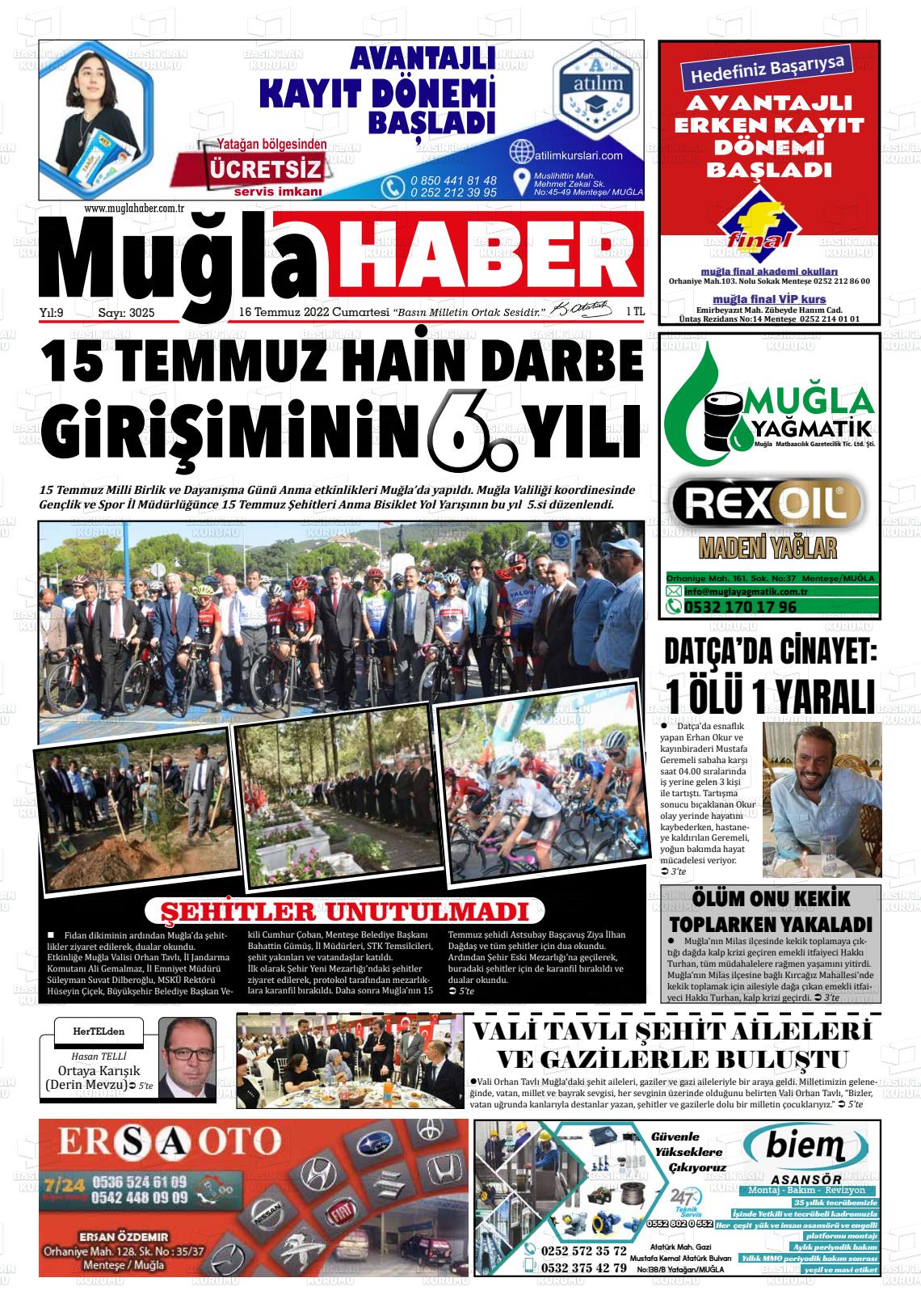 16 Temmuz 2022 Muğla Haber Gazete Manşeti