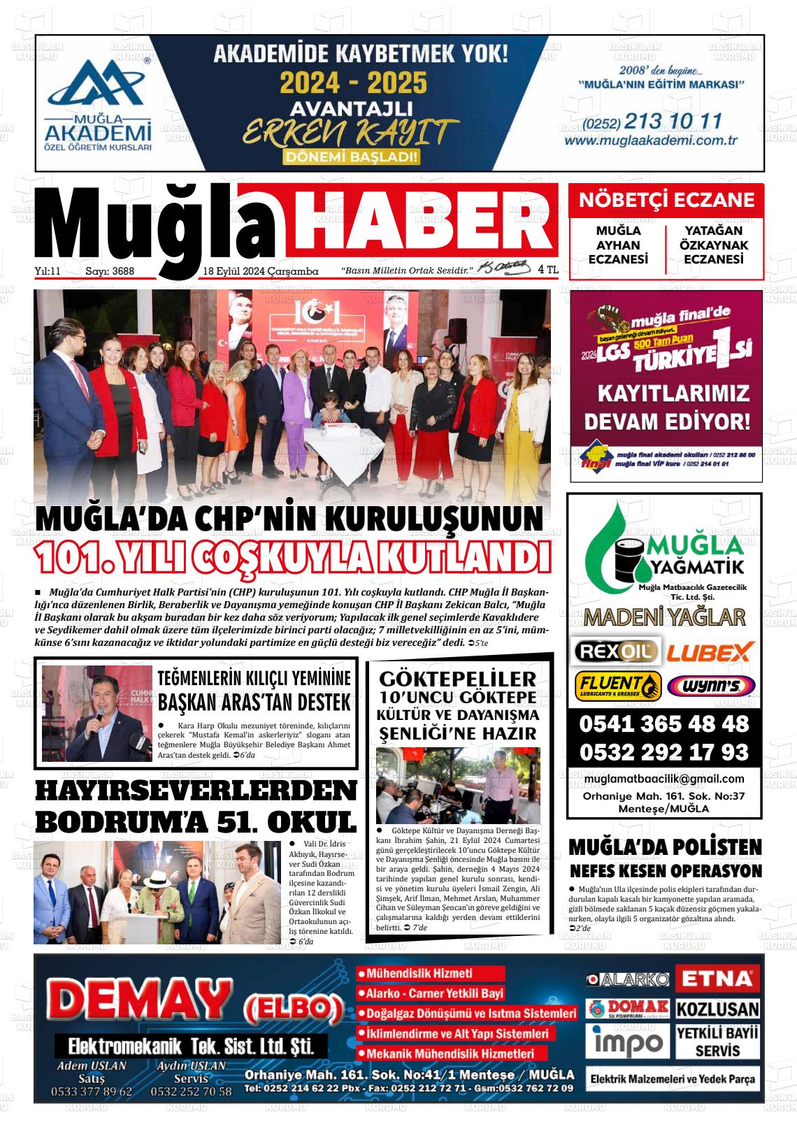 18 Eylül 2024 Muğla Haber Gazete Manşeti