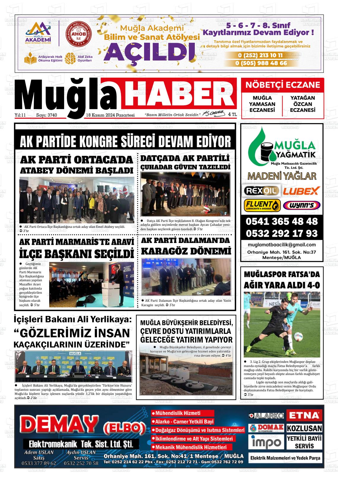 18 Kasım 2024 Muğla Haber Gazete Manşeti