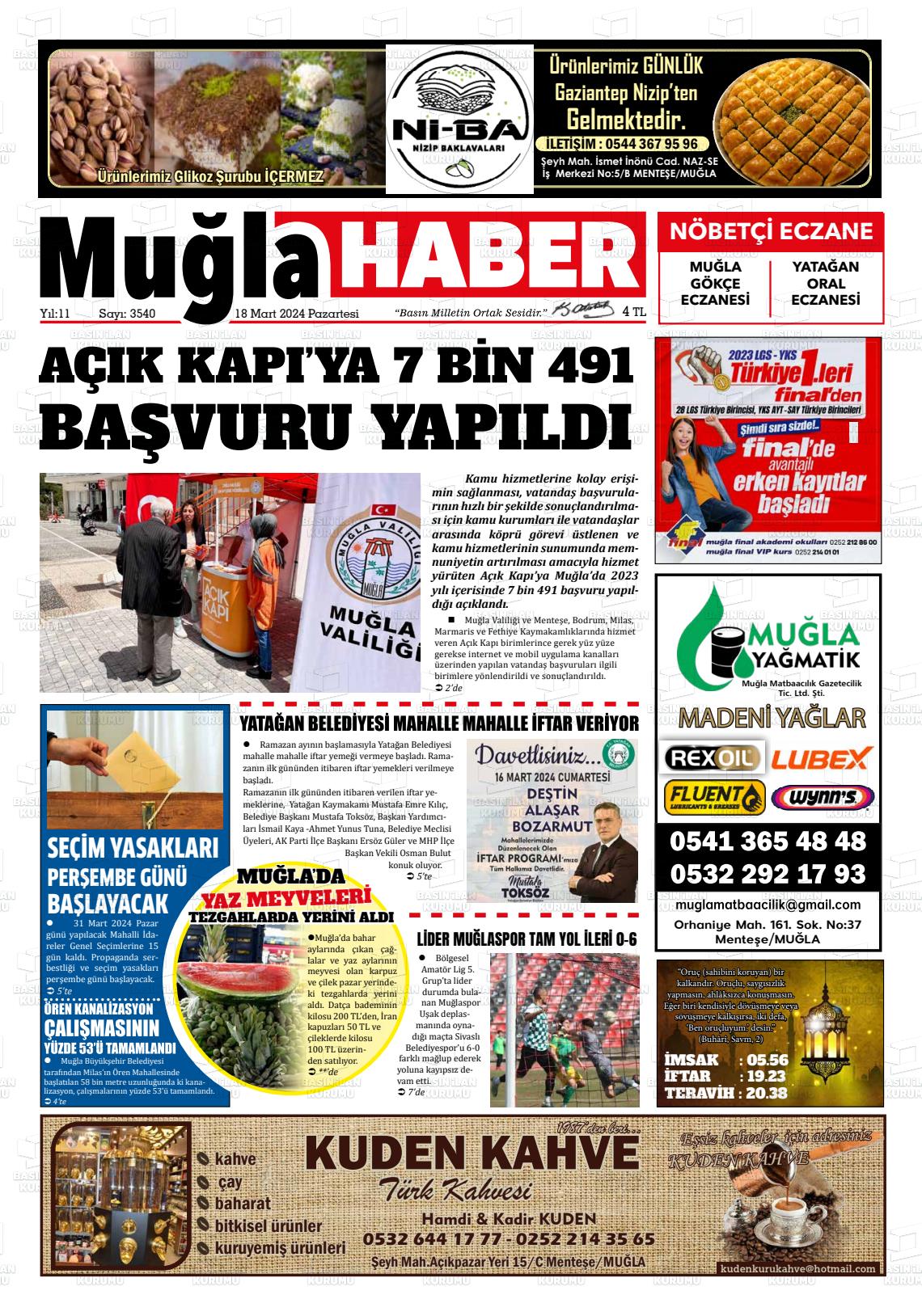 18 Mart 2024 Muğla Haber Gazete Manşeti