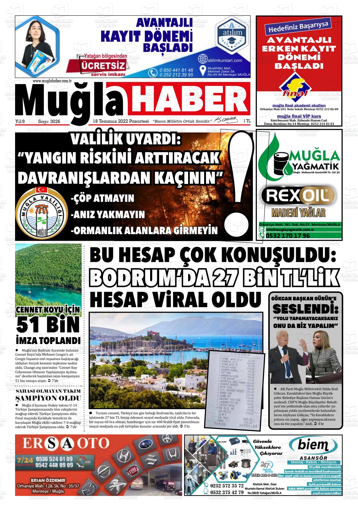 18 Temmuz 2022 Muğla Haber Gazete Manşeti