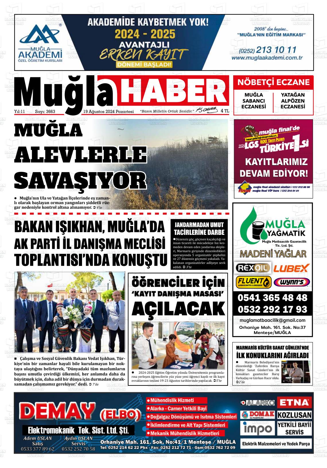 19 Ağustos 2024 Muğla Haber Gazete Manşeti