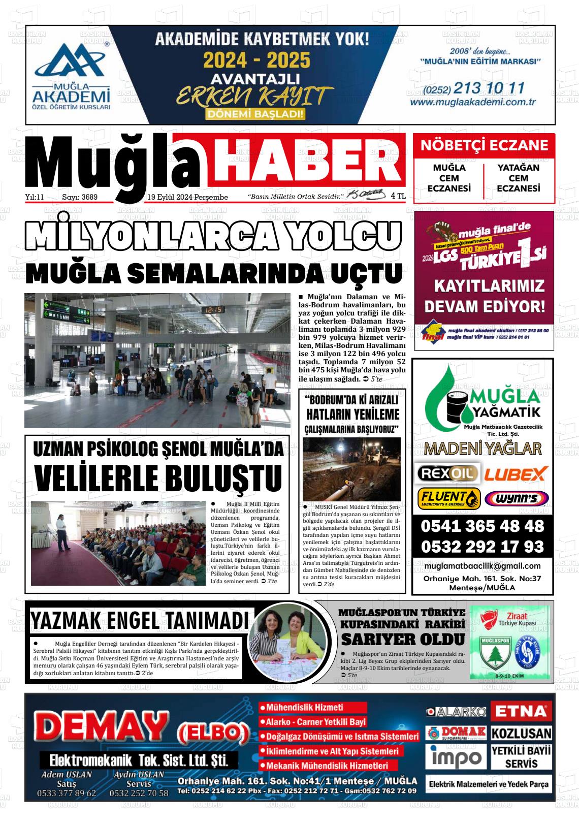 19 Eylül 2024 Muğla Haber Gazete Manşeti