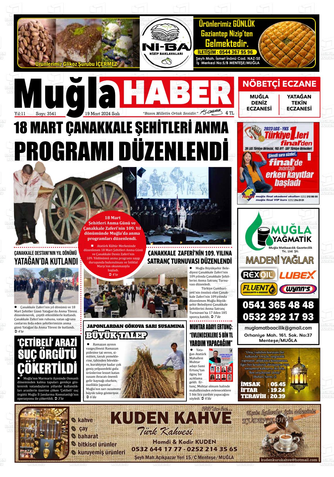 19 Mart 2024 Muğla Haber Gazete Manşeti