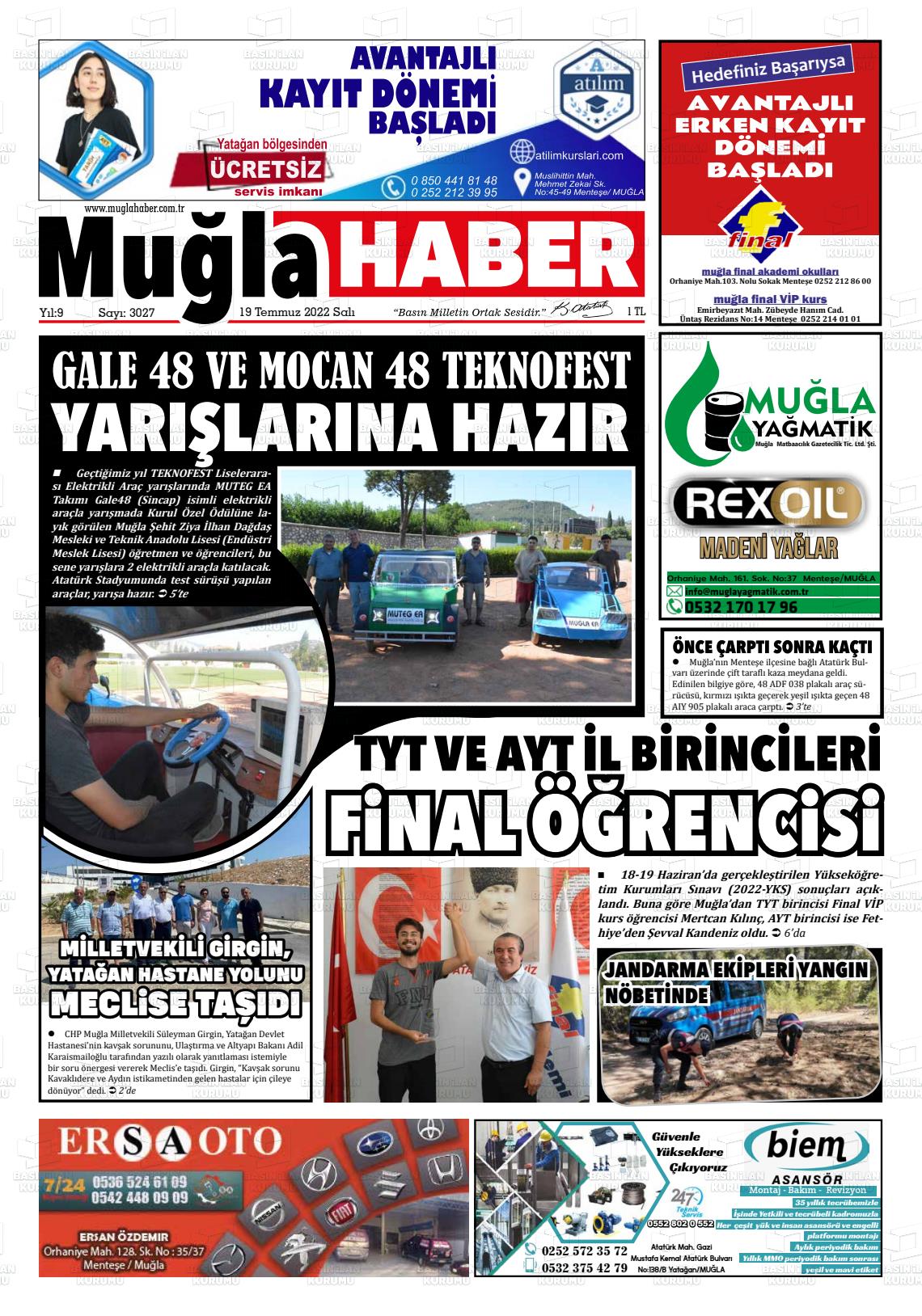 19 Temmuz 2022 Muğla Haber Gazete Manşeti