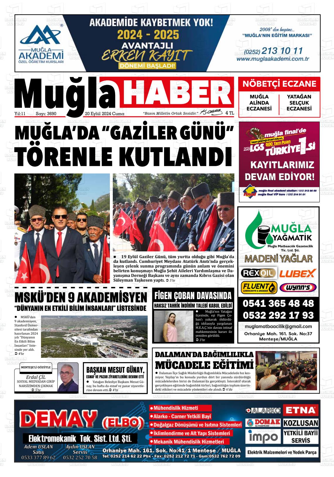 20 Eylül 2024 Muğla Haber Gazete Manşeti